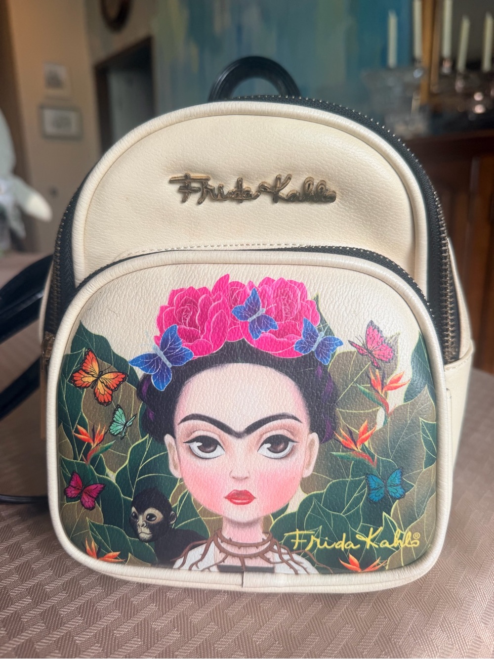 Frida Kahlo Cream Mini Backpack with Colorful Portrait Print - Picture 2 of 13